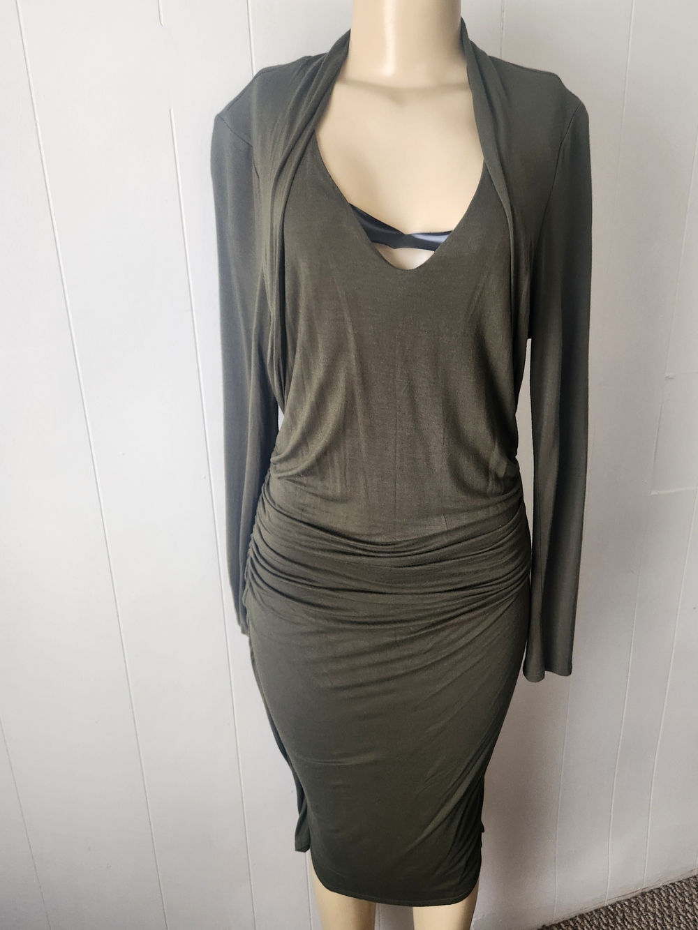Venus Olive Green Ruched V-Neck Bodycon Dress With Attatched Bolero Size Large